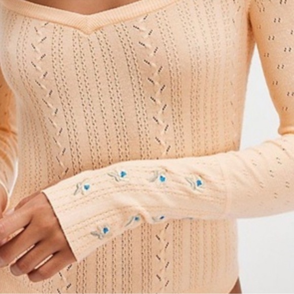 Free People Peach Long Sleeve Bodysuit with embroidery on sleeves - Picture 15 of 16
